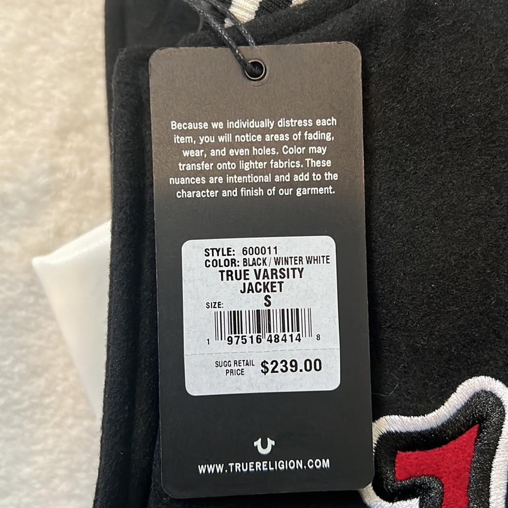 NWT True Religion True Varsity Jacket Black and Winter White Embroidered Detail - Picture 13 of 13
